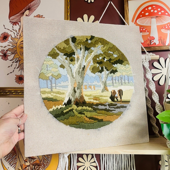 Vintage Long Stitch Embroidery Artwork Fiber Arts Square Handmade Home Decor - Picture 10 of 10